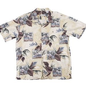 Burma Bibas 100% Silk Aloha‎ Hawaiian Shirt Mens XL Cream Tropical Camp Collar